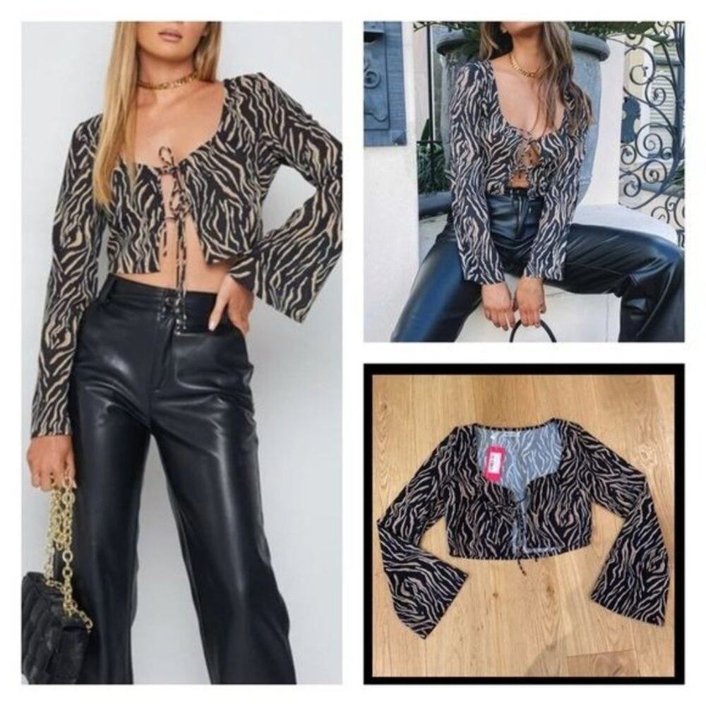 Beginning Boutique Luna Zebra Tie Detail Open Front Crop Top Size US6